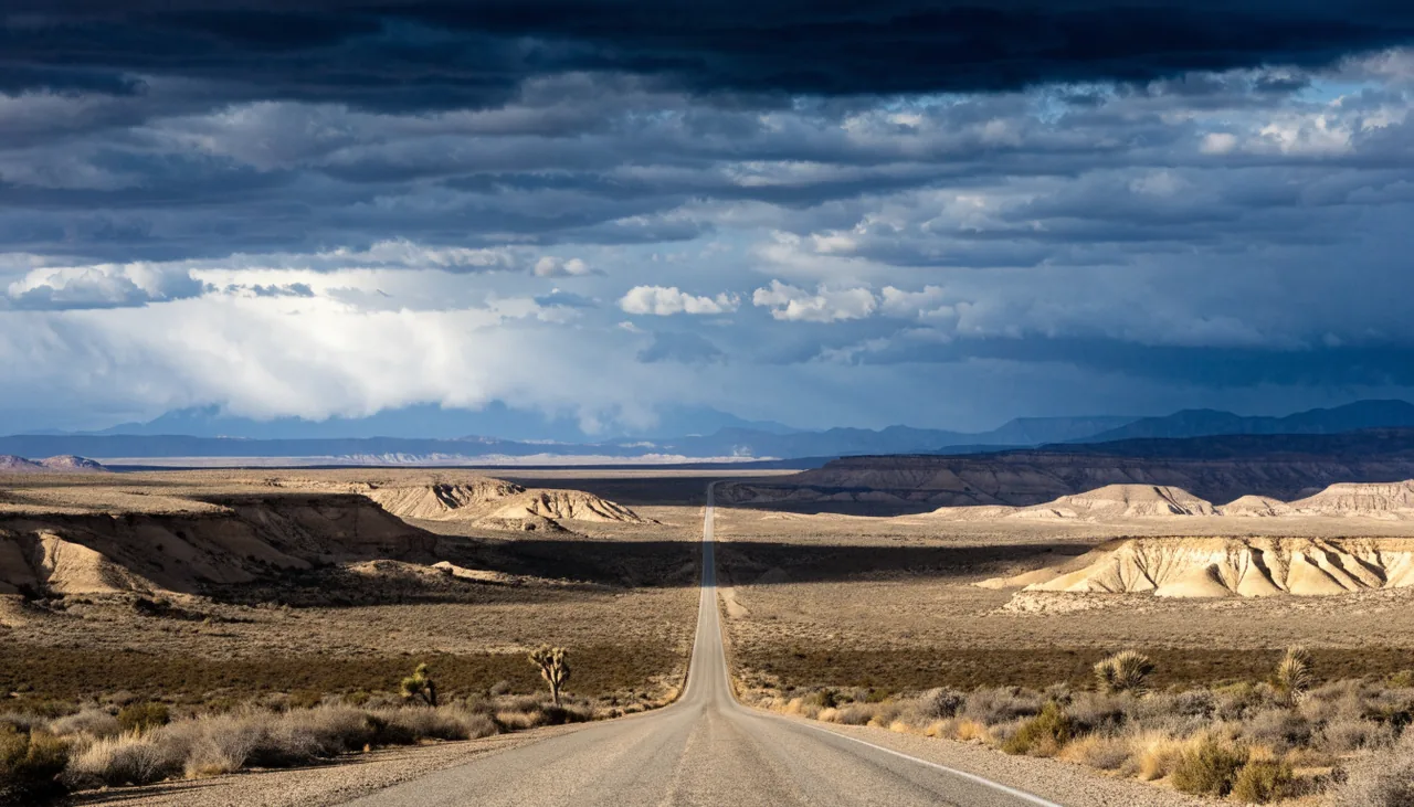 Open desert mesa and long straight roads at Baldy Mesa west of Victorville
