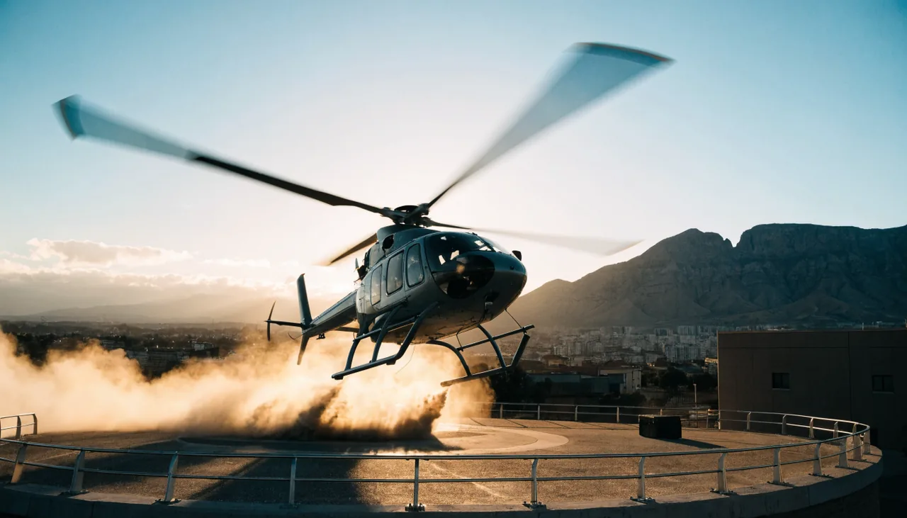 Medical helicopter near a High Desert hospital preparing a trauma transfer down the hill