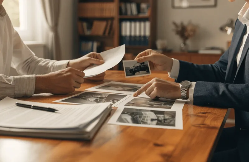 Attorney reviewing a car accident case file with a client during a free consultation in Victorville