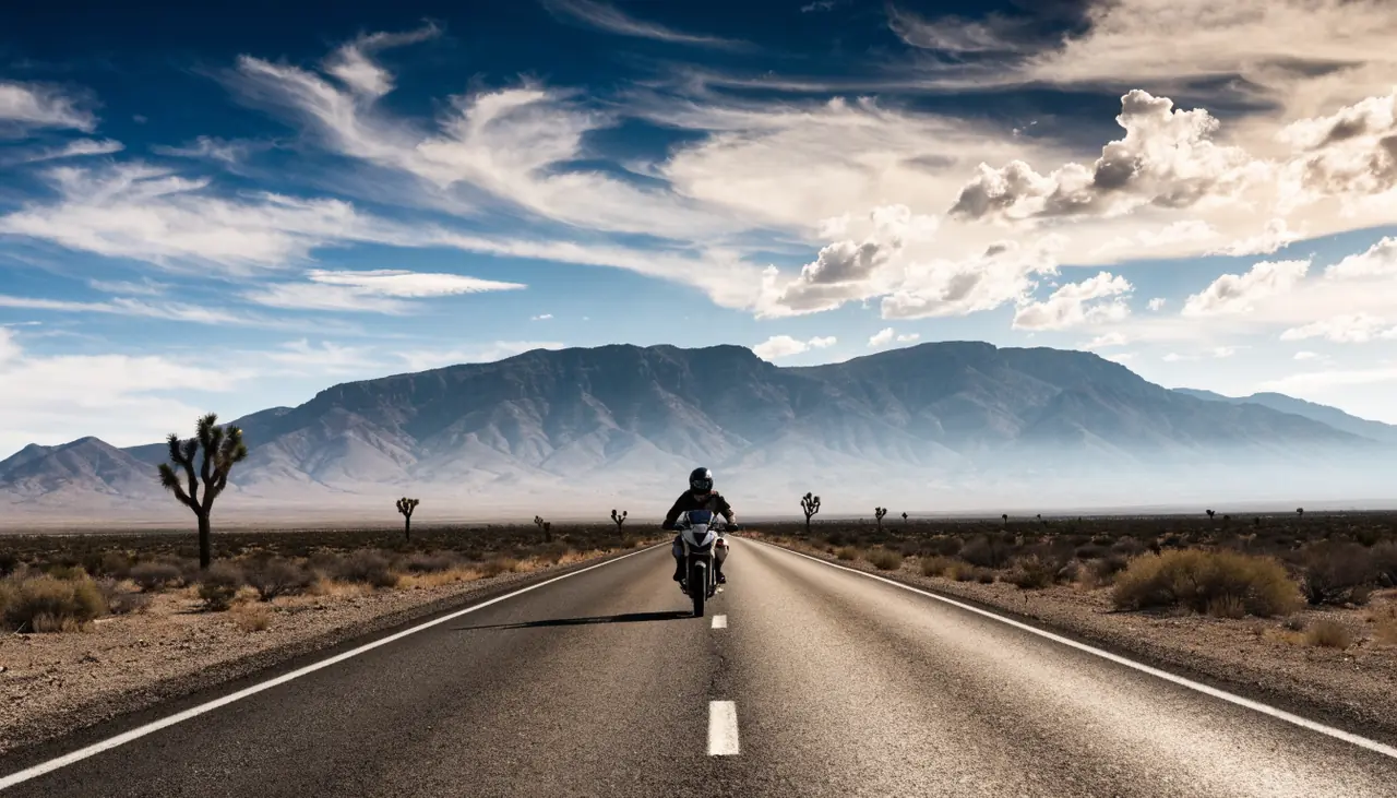 Motorcycle rider on a long desert road outside Victorville