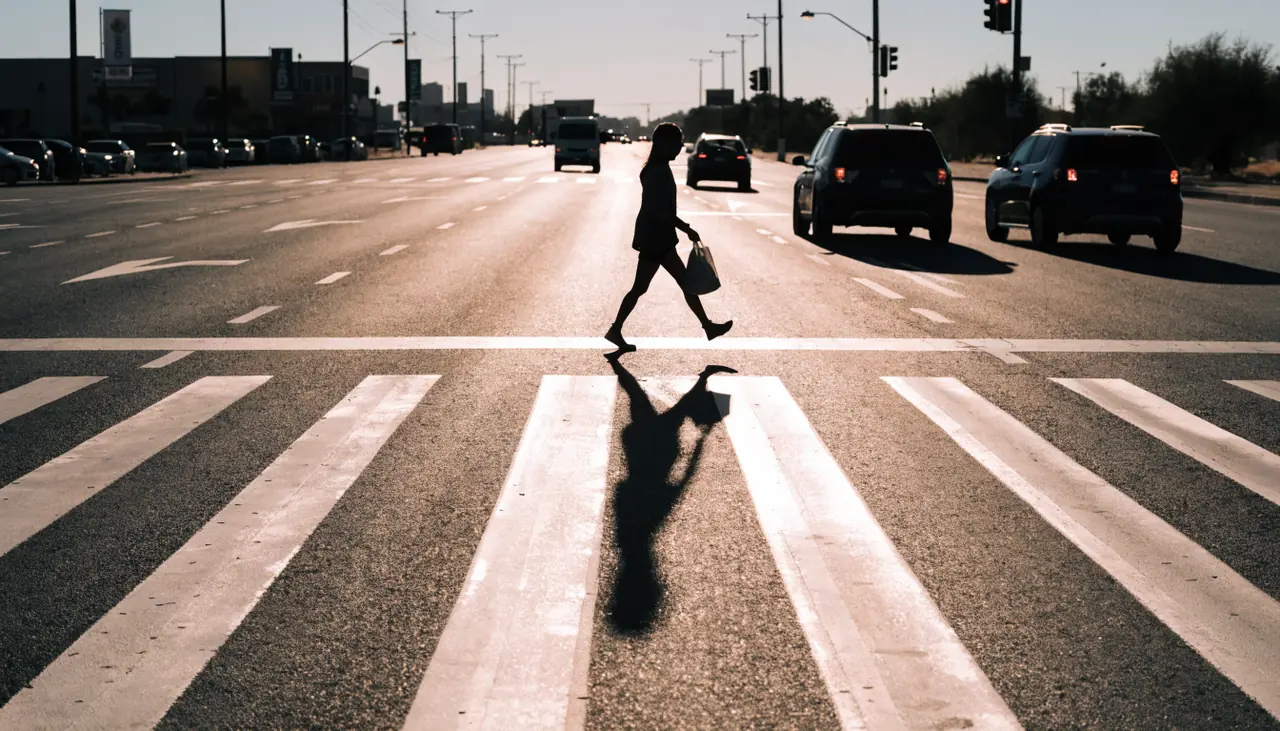 Pedestrian crossing at a busy Palmdale Road intersection in Victorville