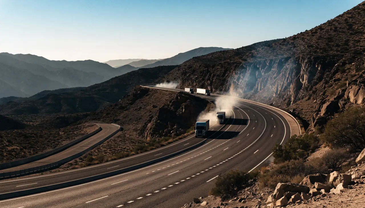 Freight truck descending the Cajon Pass grade toward San Bernardino