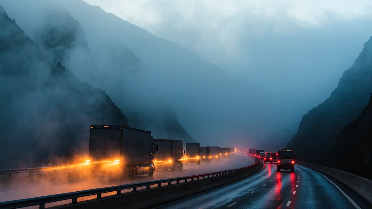 Heavy trucks descending the Cajon Pass on the I-15 in wind and haze south of Victorville