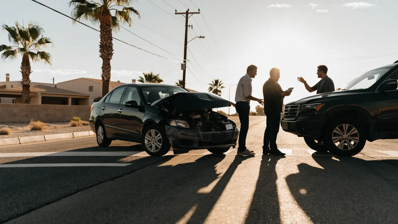 Two drivers giving conflicting accounts to an officer after a collision in Victorville while evidence decides fault