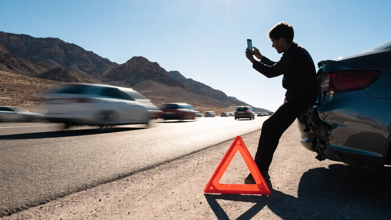 Driver on the I-15 shoulder near Victorville photographing crash damage during the first hours after a collision