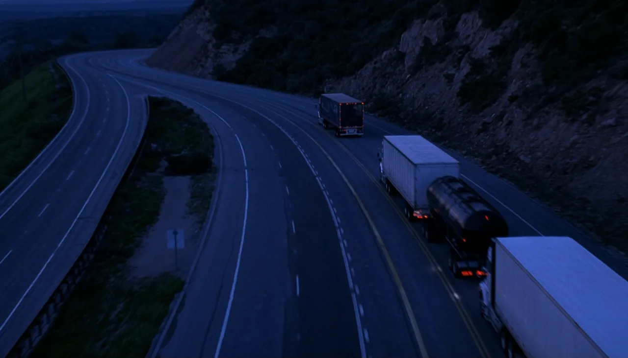 Freight trucks descending the Cajon Pass grade on the I-15 south of Victorville