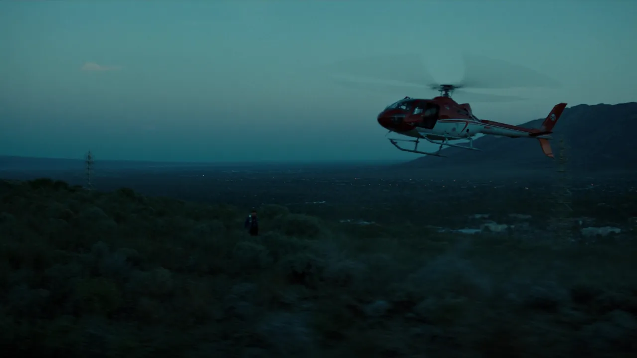 Medical helicopter lifting off from the High Desert carrying a Victorville crash victim down the hill to a trauma center