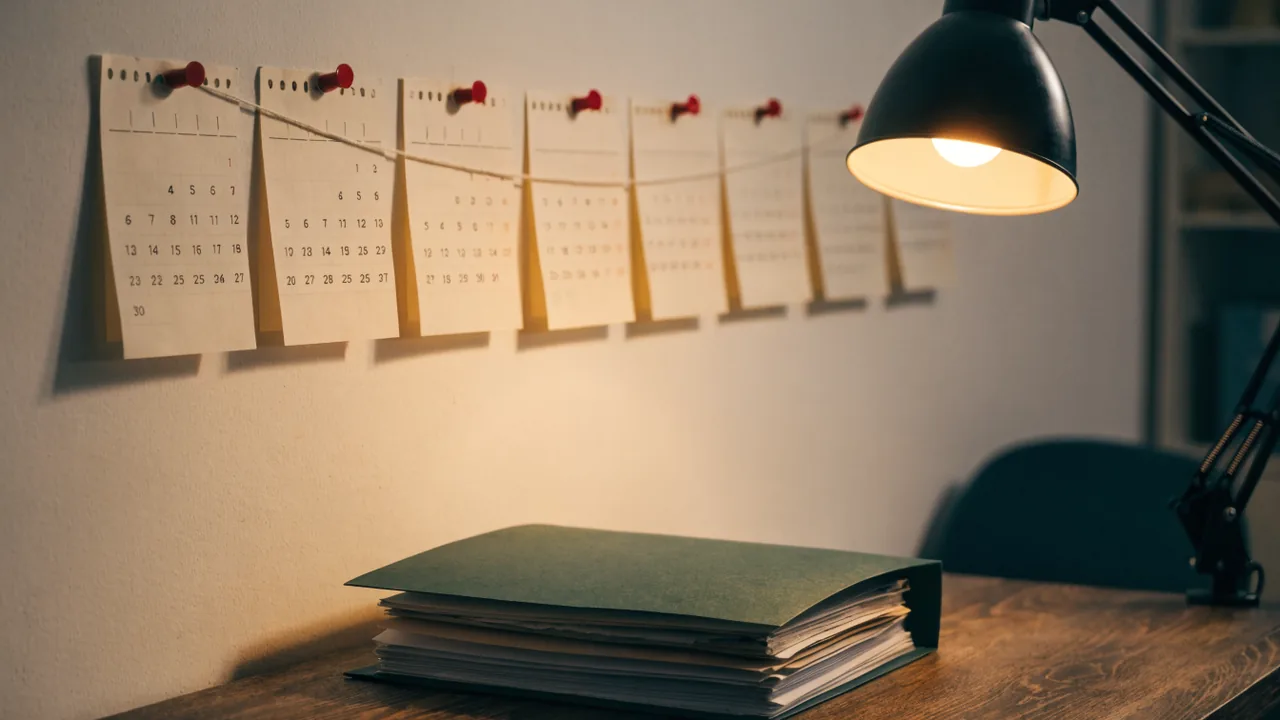 Case timeline from crash to settlement check pinned above a desk calendar in a Victorville law office