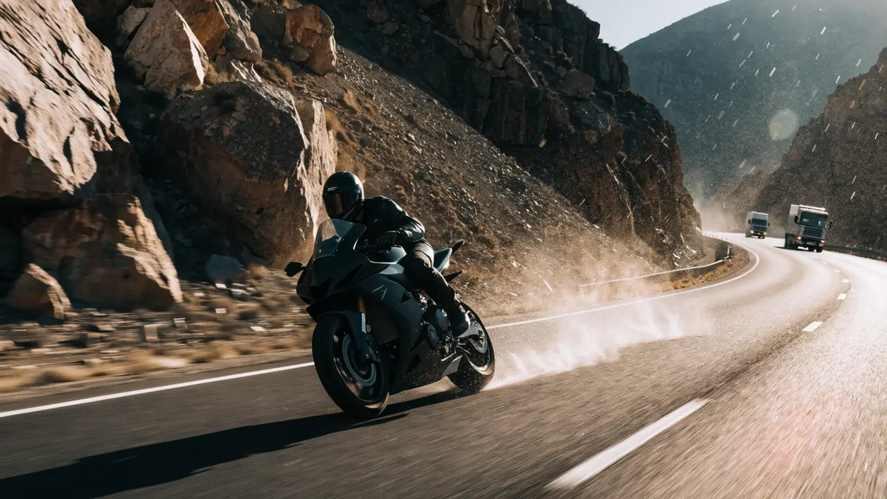 Motorcyclist riding the Cajon Pass grade on the I-15 with wind and traffic hazards ahead
